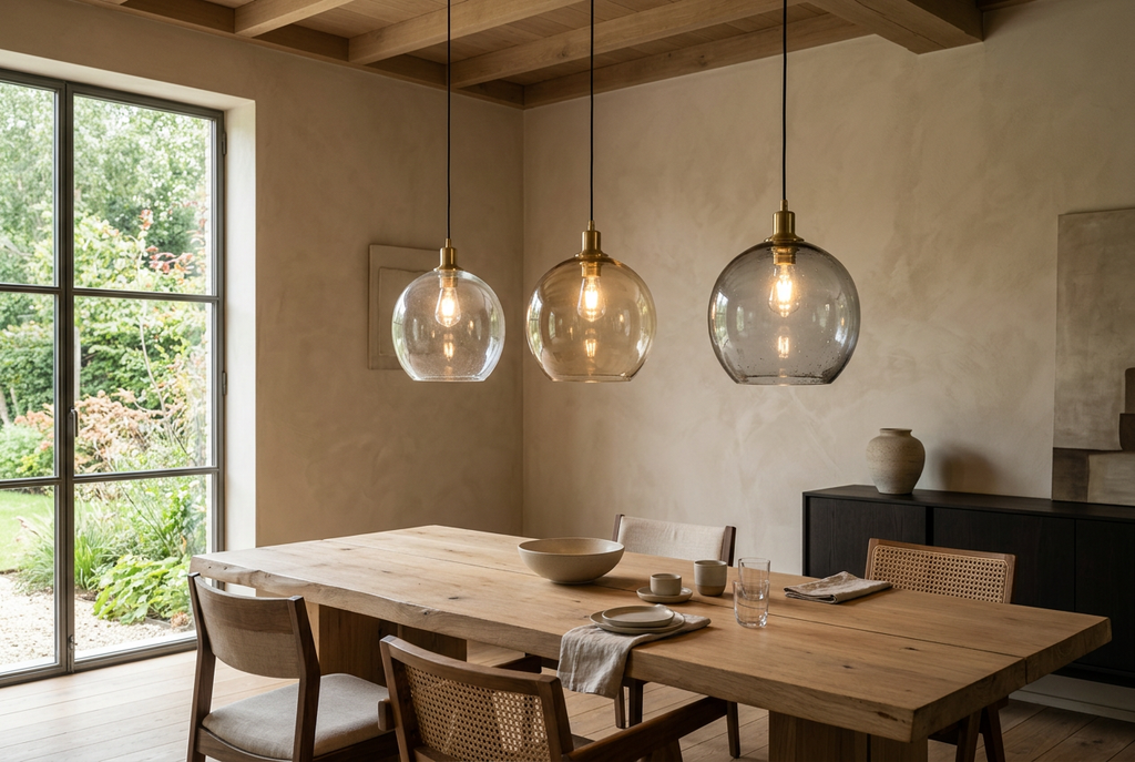 Drie glazen hanglampen boven een houten eettafel in een warm, natuurlijk interieur